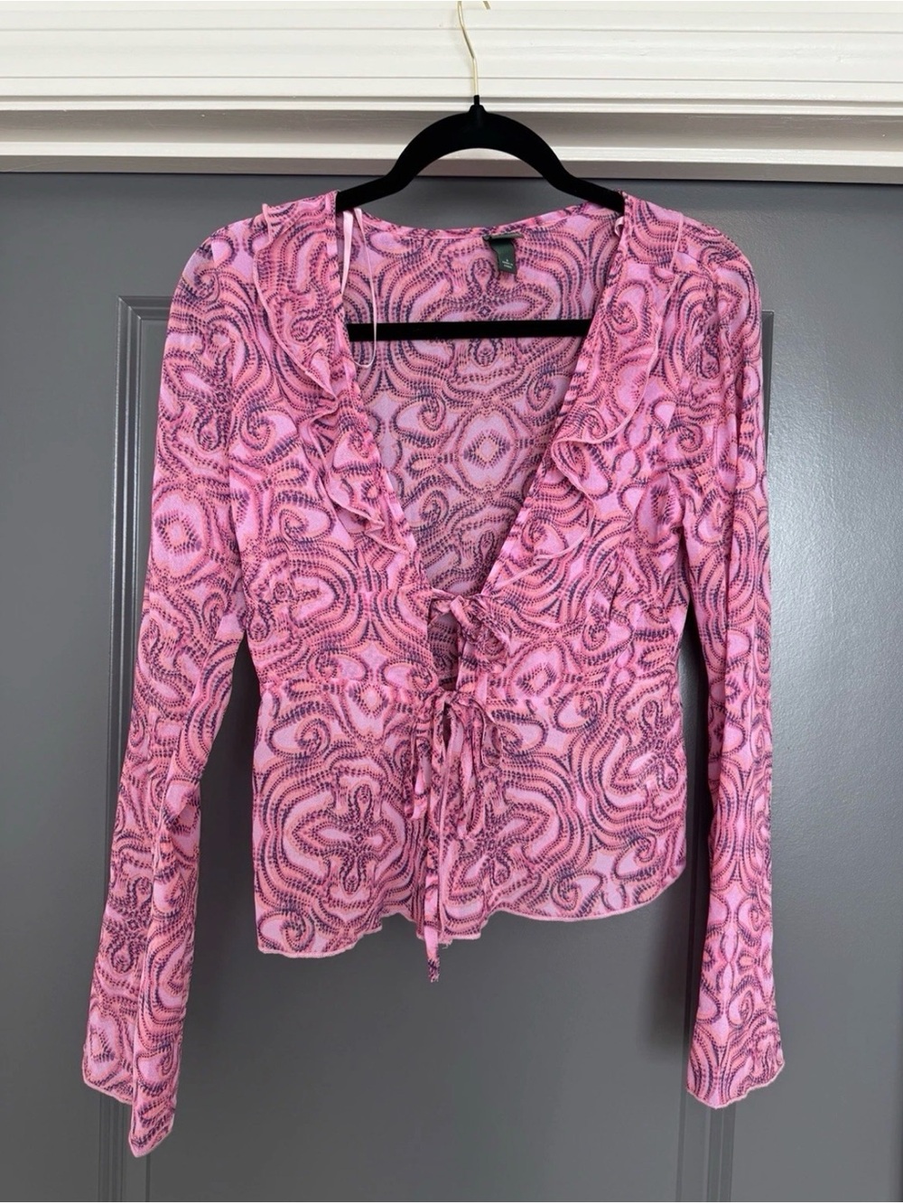 Wild Fable Pink Sheer Double-Tie Front Bell Sleeve Ruffle Top Boho JUNIOR Sz SM